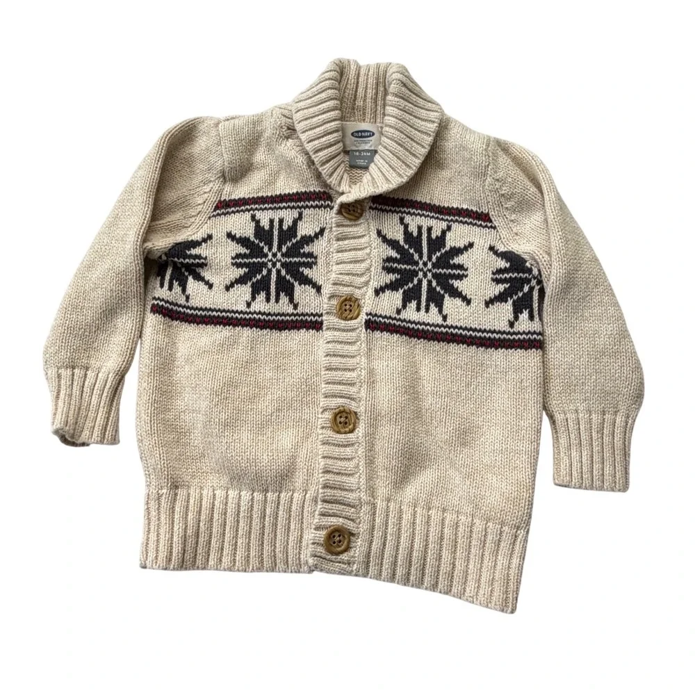 Old Navy Toddler Boys Fair Isle Shawl Collar Cardigan Sweater Oatmeal 18-24M